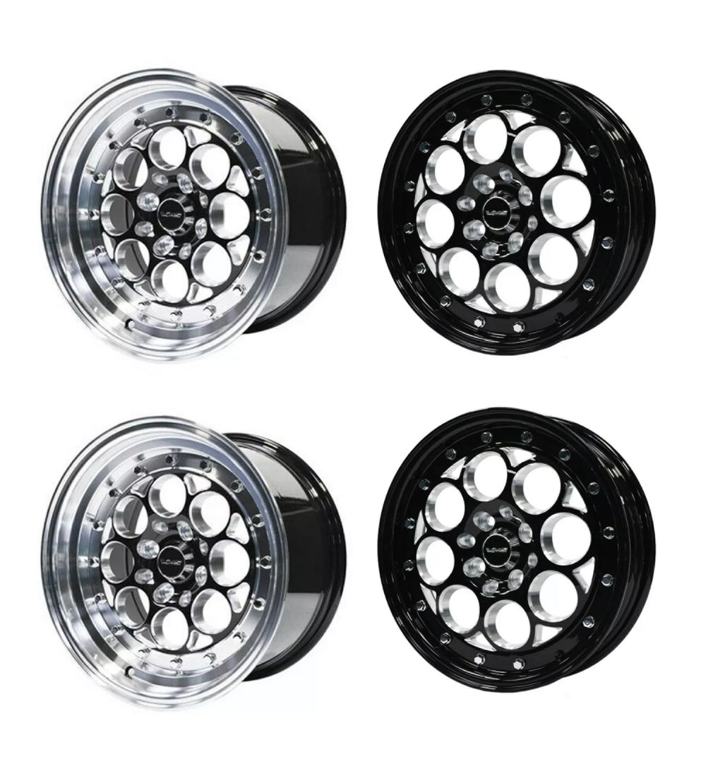 VMS Racing Black Revolver Polished Lip Drag Pack Wheel Chrome Rivets 15X8 & 15x3.5 4X100 4x114.3 +20 ET